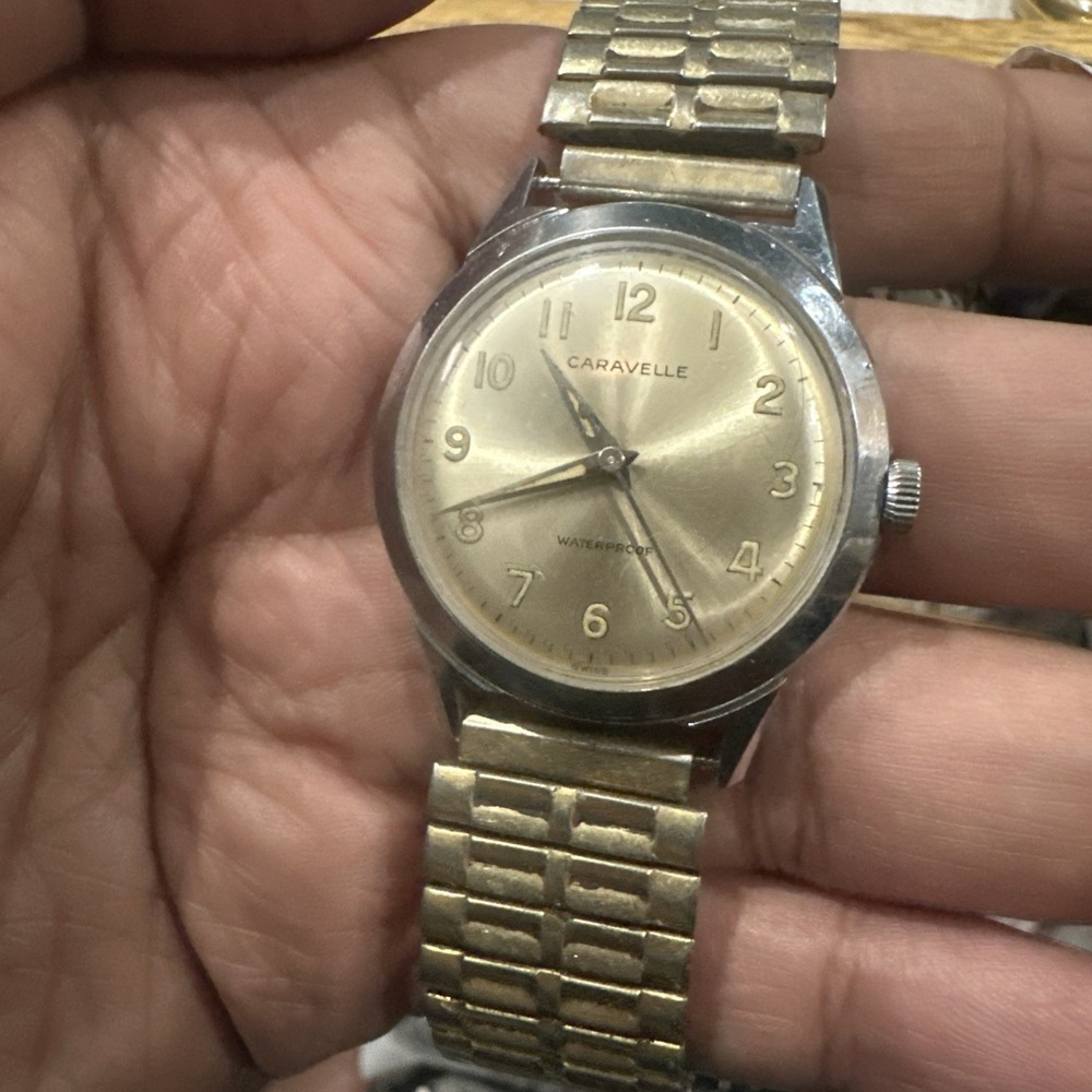 Vintage Caravelle Mens Watch M5 Swiss 34mm Gold Dial Wind Up Runs Bt Need Servcn